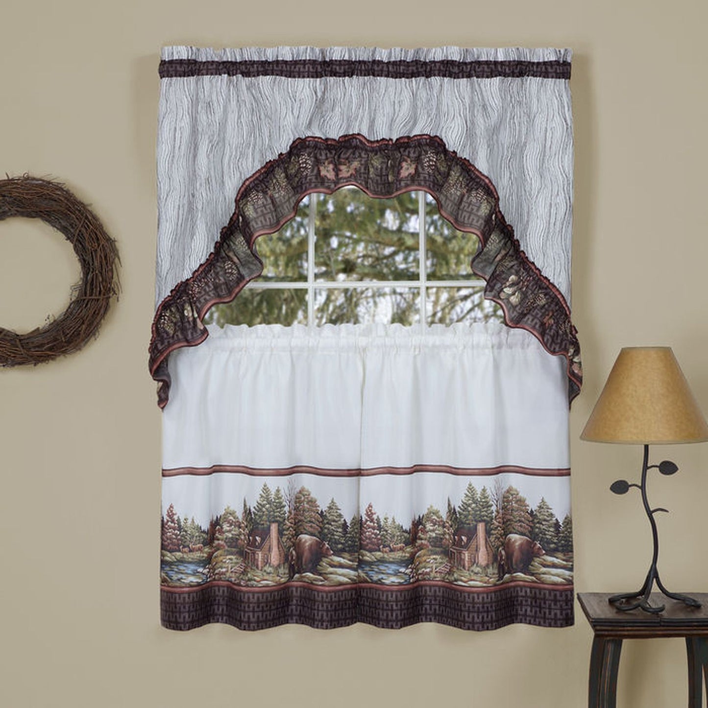 Traditional Elegance Woodlands - Printed Tier & Swag Window Curtain Set 57x24 - Brown