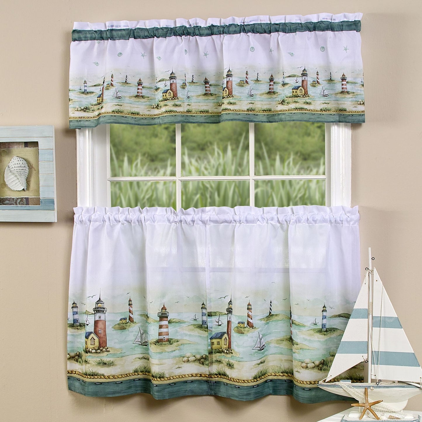 Traditional Elegance Lake House Tier and Valance Window Curtain Set- 58x36 - Sand