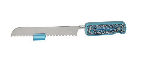 Ben and Jonah Silver Challah Bread Knife with Stand- Torquoise Colored Cutout-13"L