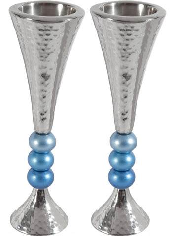 Ben and Jonah Sabbath/Shabbos Metal Candlesticks -Anodized Aluminum Beaded Stem Hammered Candlesticks - Silver/Turquoise- 2.3" x 7"H
