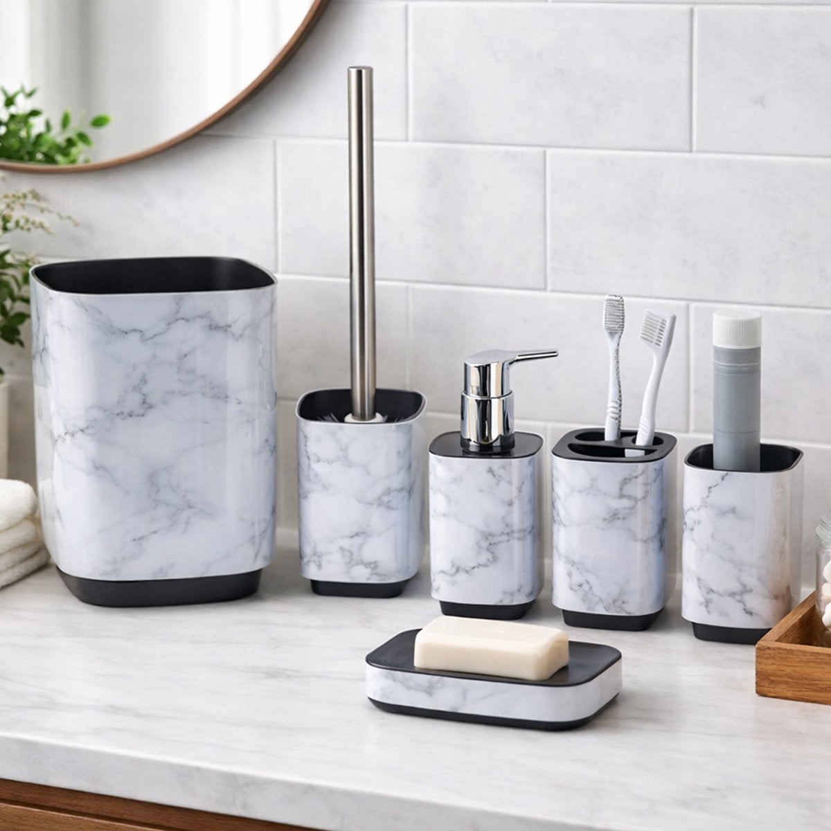 6-piece Acrylic Bathroom Accessory Set With Trash Can & Soap Pump
