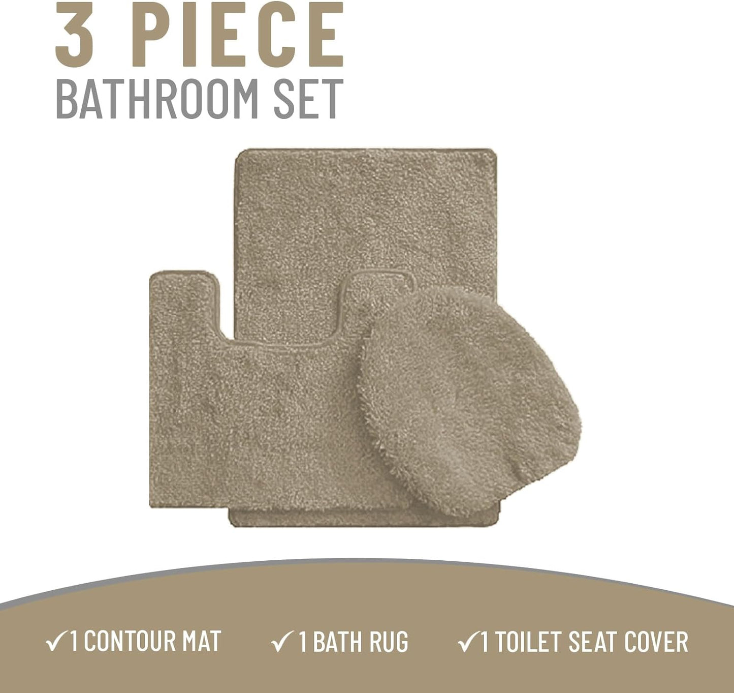 3 Piece Bath Rug Set: 1 Bath Rug, 1 Contour Mat and 1 Toilet Seat Cover