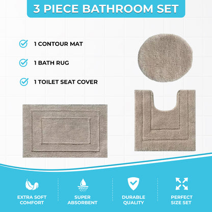 Ben & Jonah Clearwater Collection – 3-Piece Bathroom Rug Set – Beige – Soft Microfiber Bath Mat, Contour Rug & Lid Cover