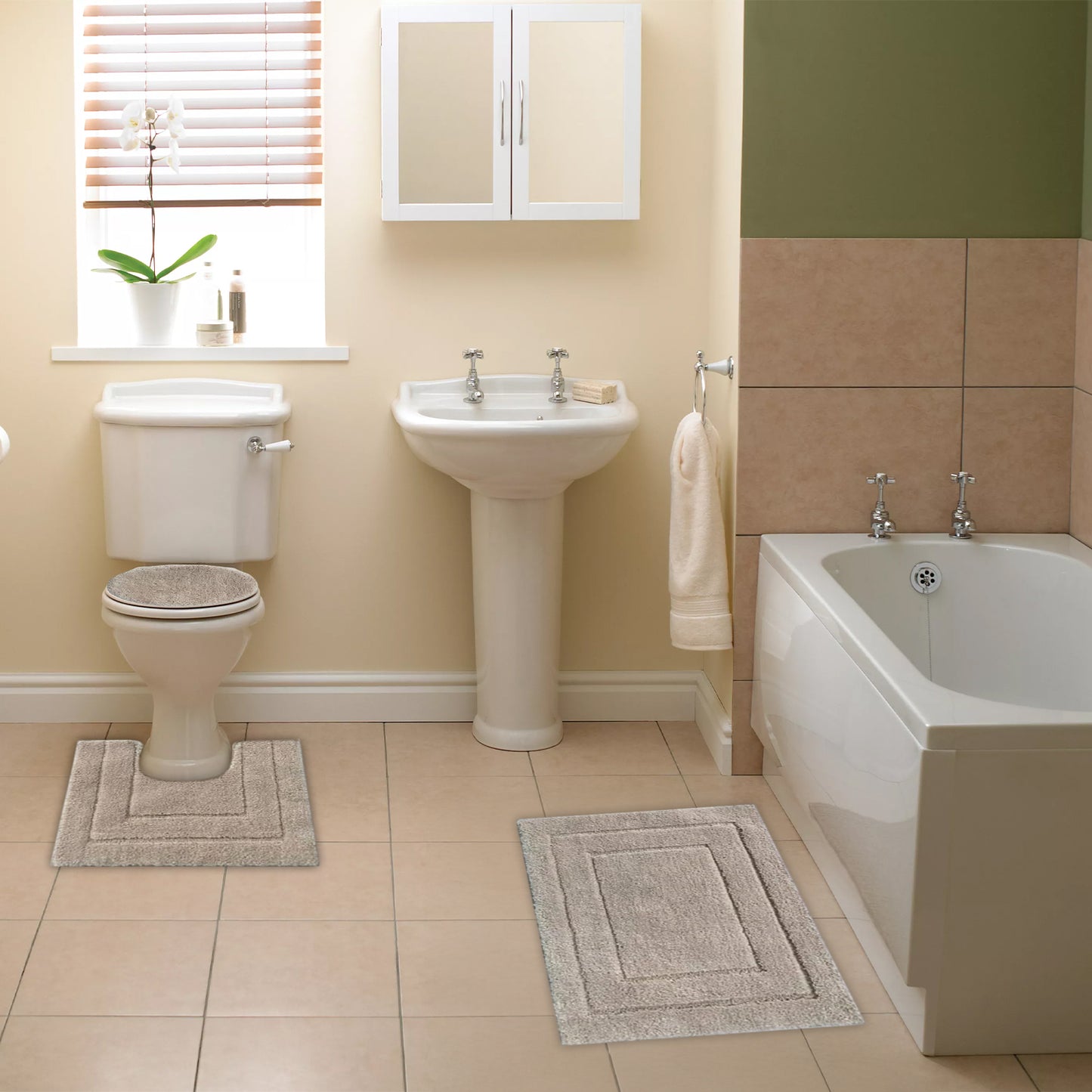 Ben & Jonah Clearwater Collection – 3-Piece Bathroom Rug Set – Beige – Soft Microfiber Bath Mat, Contour Rug & Lid Cover