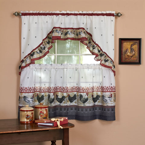 Traditional Elegance Rooster - Printed Tier and Swag Window Curtain Set - 57x36 - Burgundy