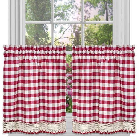 Traditional Elegance Buffalo Check Window Curtain Tier Pair - 58x36 - Burgundy