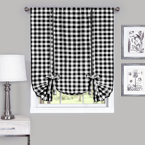 Traditional Elegance Buffalo Check Window Curtain Tie Up Shade - 42x63 - Black