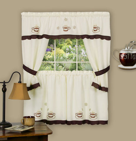 Traditional Elegance Cuppa Joe Embellished Cottage Window Curtain Set 58x36