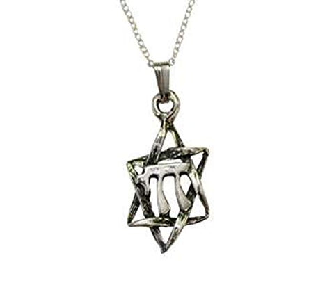 Silver Star of David with Chai in Middle Necklace - Chain 18 inch  Pendant 1/2 inch W X 1 1/4 inch H