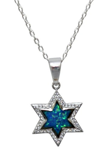 Silver Star of David Amulet with Opal and Micro CZ Stones - Chain 18 inch  Pendant 5/8 inch W x 1 1/8 inch H