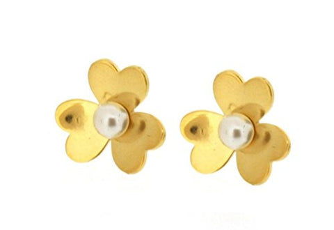 Ben and Jonah Stainless Steel Gold Plated 3 Heart Shaped Petal Flower Stud Earring with Faux Pearl Center