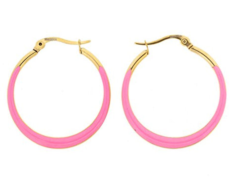 Ben and Jonah Stainless Steel Gold Plated Flat Crescendo (Wider on the Bottom) Hoop Earring with Pink Oil Paint
