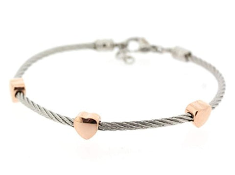 Ben and Jonah Stainless Steel Ladies Cable Bracelet with Heart Rose Gold Plated Static Charms