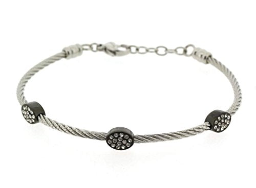 Ben and Jonah Stainless Steel Ladies Cable Bracelet with Oval Black Plated Static Charms Cover with Clear Stones