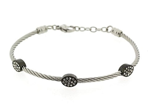Ben and Jonah Stainless Steel Ladies Cable Bracelet with Oval Black Plated Static Charms Cover with Clear Stones