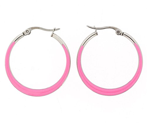 Ben and Jonah Stainless Steel Flat Crescendo (Wider on the Bottom) Hoop Earring with Pink Oil Paint