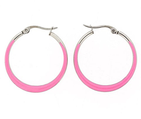 Ben and Jonah Stainless Steel Flat Crescendo (Wider on the Bottom) Hoop Earring with Pink Oil Paint