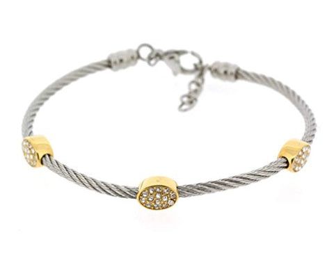 Ben and Jonah Stainless Steel Ladies Cable Bracelet with Oval Gold Plated Static Charms Cover with Clear Stones