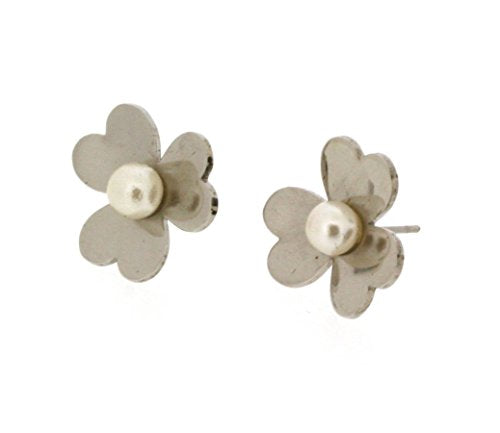 Ben and Jonah Stainless Steel 3 Heart Shaped Petal Flower Stud Earring with Faux Pearl Center