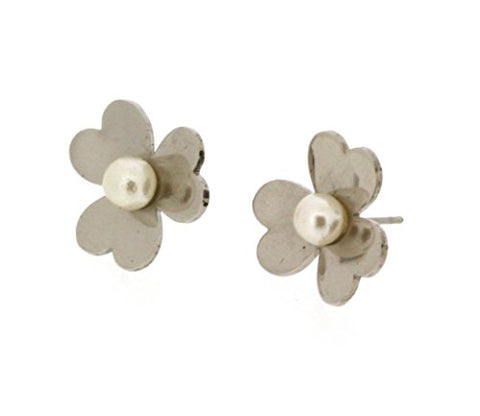 Ben and Jonah Stainless Steel 3 Heart Shaped Petal Flower Stud Earring with Faux Pearl Center