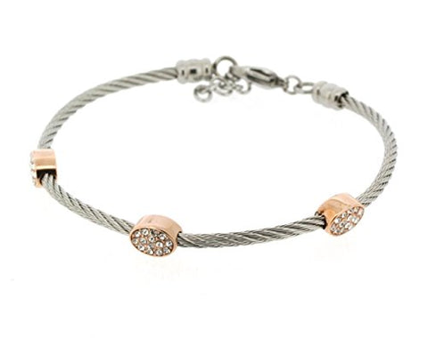 Ben and Jonah Stainless Steel Ladies Cable Bracelet with Oval Rose Gold Plated Static Charms Cover with Clear Stones