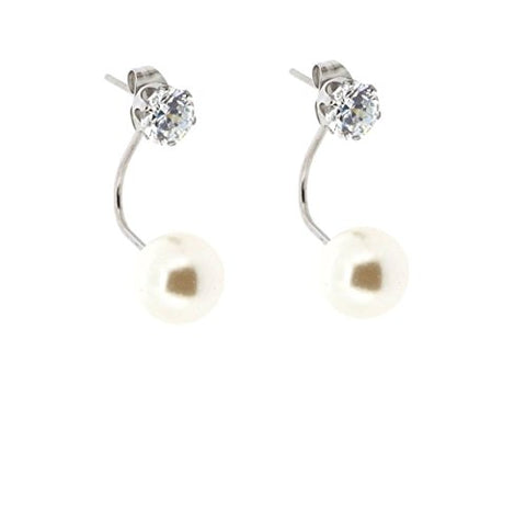 Ben and Jonah Stainless Steel Clear Stone Stud Earring with a Faux Pearl Drop Under Earlobe