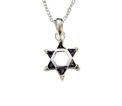 Silver Star of David with Purple Color Stones Necklace - Chain 18 inch  Pendant 1/2 inch W X 1 inch H
