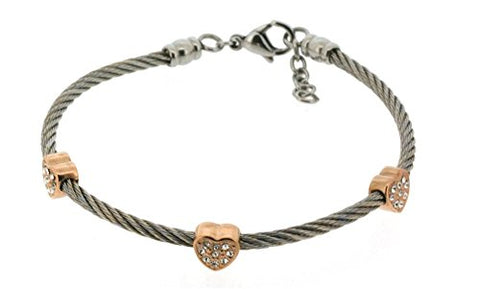 Ben and Jonah Stainless Steel Ladies Cable Bracelet with Heart Rose Gold Plated Static Charms Cover with Clear Stones