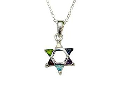 Silver Star of David with Multi Color Stones Necklace - Chain 18 inch  Pendant 1/2 inch W X 1 inch H