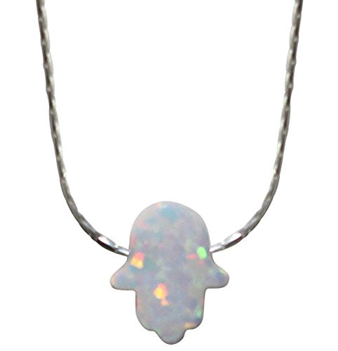 Opal White Hamsa Amulet with Silver Necklace - Chain 16 inch  Pendant 5/16 inch W X 3/8 inch H