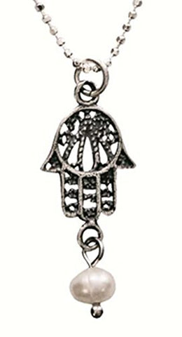 Vintage Silver Hamsa Amulet Necklace With Pearl - Chain 16 inch  Pendant 7/16 inch  W X 15/16 inch  H