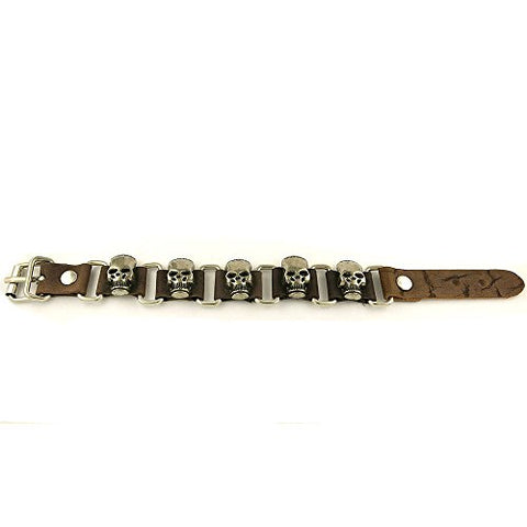 Leather and Stainless Steel Skulls Biker Bracelet with Buckle Lock Brown