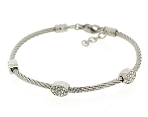 Ben and Jonah Stainless Steel Ladies Cable Bracelet with Oval Static Charms Cover with Clear Stones