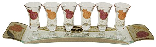 Cheers Collection Liquor Set with 6 Glasses And Tray Pomegranate - Red - Tray 15 inch  X 3.5 inch  - Cup 3.75 inch H