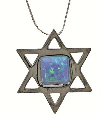 Silver Star Of David Necklace With Opal - Chain 16 inch  Pendant 7/8 inch  W X 1 inch  H