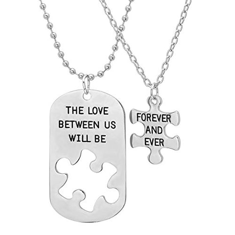His and Hers 'The Love Between Us Will Be Forever and Ever' Dog Tag and Puzzle Piece Necklace