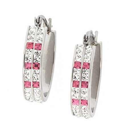 Ben and Jonah Stainless Steel Fancy Hoop Earring with Complete Clear Stone Coverage with 6 Pink Stones