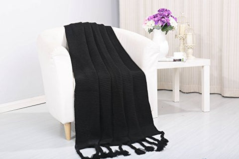 Tejido Collection Classic Woven Knitted Throw Blanket with Fringes (50 inch  x 60 inch ) - Black