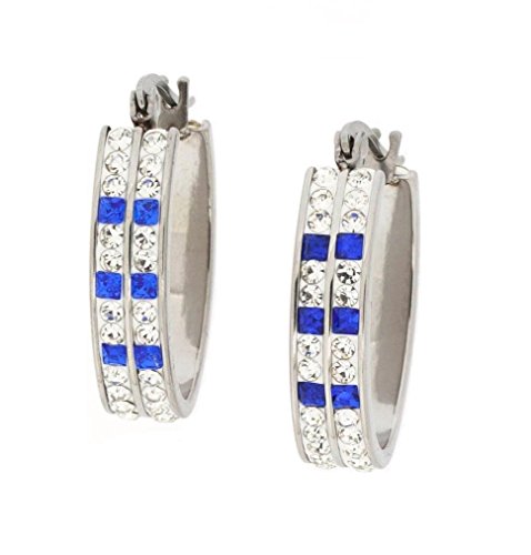 Ben and Jonah Stainless Steel Fancy Hoop Earring with Complete Clear Stone Coverage with 6 Blue Stones