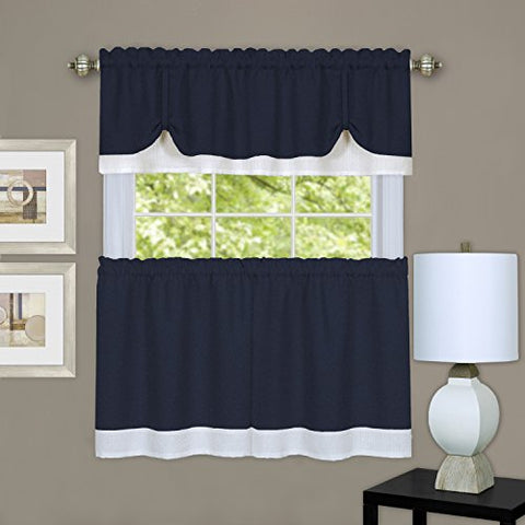 Sally Elegance Double Layered 3 Piece Tier (58 inch  x 24 inch ) and Valance (58 inch  x 14 inch ) Set - Navy