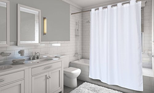 Royal Bath Easy On (No Hooks Needed) Fabric Shower Curtain (70 inch  x 72 inch ) with Built in Hooks - White Waffle Weave