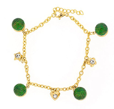 Ben and Jonah Stainless Steel Gold Plated Bracelet with Green Balls and Charms with Extension