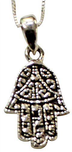 Ornate Designed Silver Hamsa Amulet Necklace - Chain 18 inch  Pendant 5/8 inch  H 1/2 inch  W