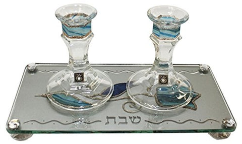 Ultimate Judaica Lazer Cut Candle Stick With Tray Medium Applique - Ocean Blue Â - Tray 9 3/4 inch W X 5 inch  L Candle Sticks 4 inch H