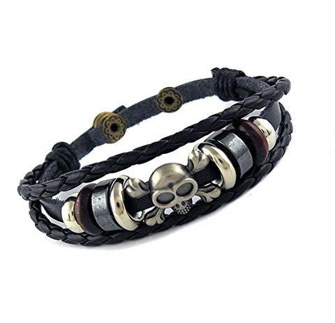Ben & Jonah Brown Leather and Stainless Steel Multi Layer Bracelet with Skull (7.5 inch -8.5 inch  Adjustable Length)