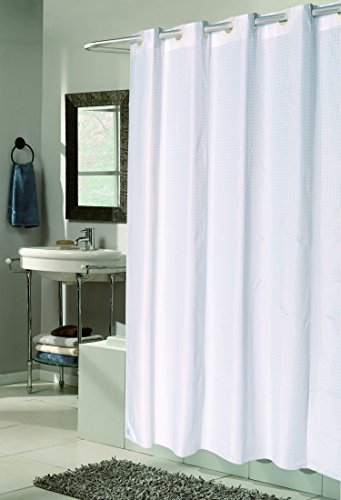 Royal Bath Easy On (No Hooks Needed) Fabric Shower Curtain (70 inch  x 72 inch ) with Built in Hooks - White Check