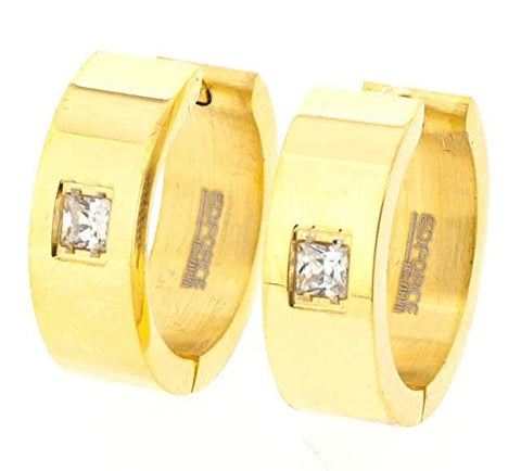 Ben and Jonah Stainless Steel Gold Plated Wide Huggie Earring with Square Stone