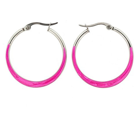 Ben and Jonah Stainless Steel Flat Crescendo (Wider on the Bottom) Hoop Earring with Magenta Oil Paint