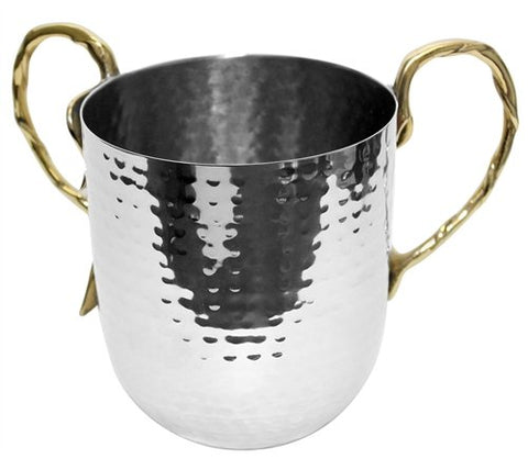 Ultimate Judaica Holister Washing Cup Hammered Stainless Steel With Gold Handles - 5 inch  X 4.5 inch 