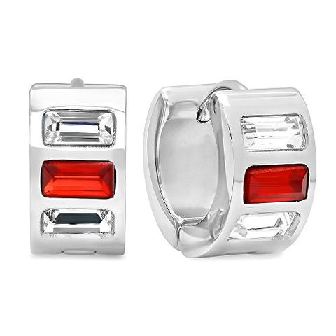 Ben and Jonah Ladies Stainless Steel White and Red Simulated Diamond Layered Huggies